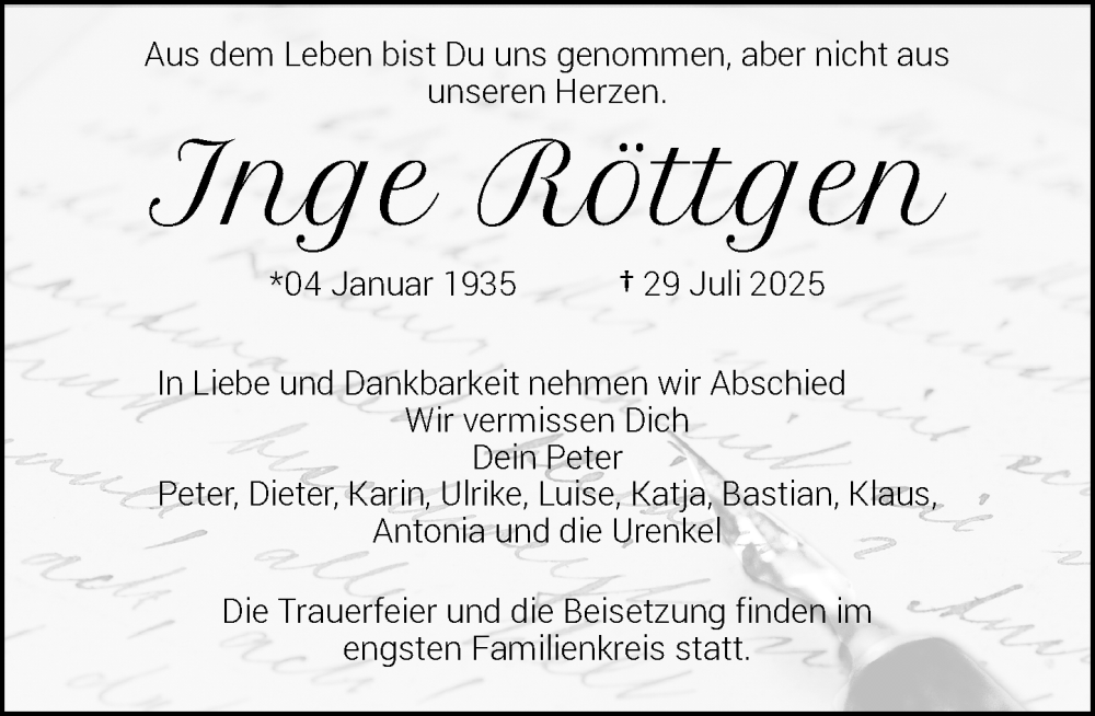  Traueranzeige für Inge Röttgen vom 09.08.2025 aus Rheinische Post