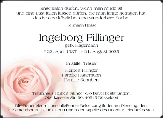 Traueranzeige von Ingeborg Fillinger von Rheinische Post
