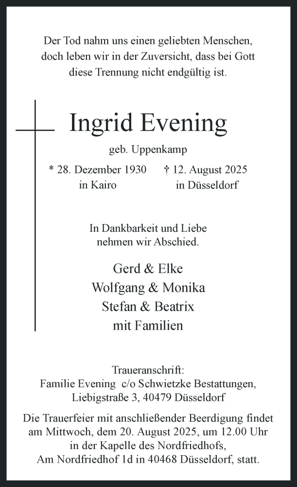  Traueranzeige für Ingrid Evening vom 16.08.2025 aus Rheinische Post