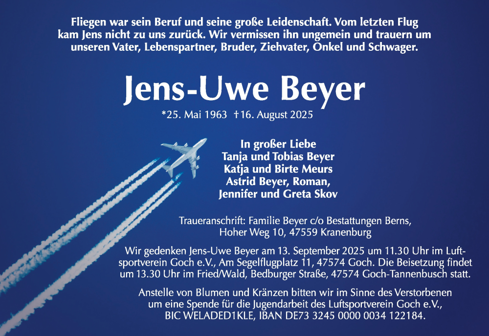  Traueranzeige für Jens-Uwe Beyer vom 30.08.2025 aus Rheinische Post
