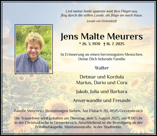 Traueranzeige von Jens Malte Meurers von Rheinische Post
