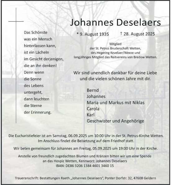 Traueranzeige von Johannes Deselaers von Rheinische Post