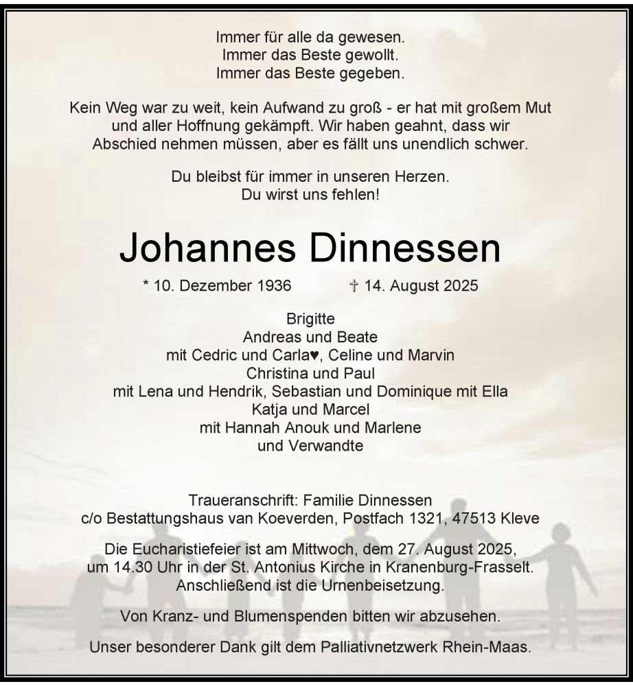  Traueranzeige für Johannes Dinnessen vom 19.08.2025 aus Rheinische Post