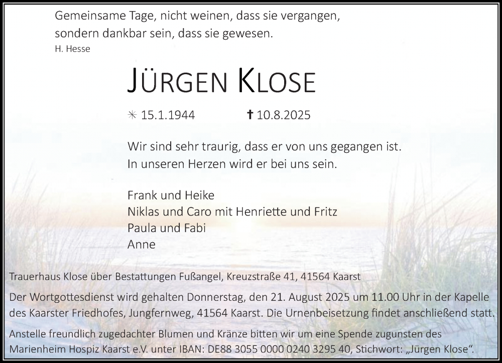  Traueranzeige für Jürgen Klose vom 16.08.2025 aus Rheinische Post