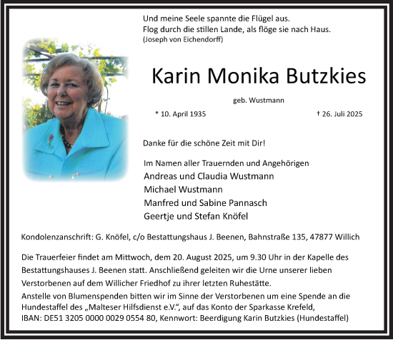 Traueranzeige von Karin Monika Butzkies von Rheinische Post