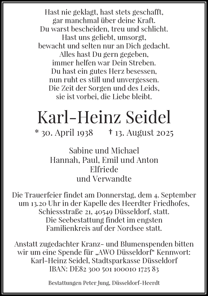  Traueranzeige für Karl-Heinz Seidel vom 23.08.2025 aus Rheinische Post