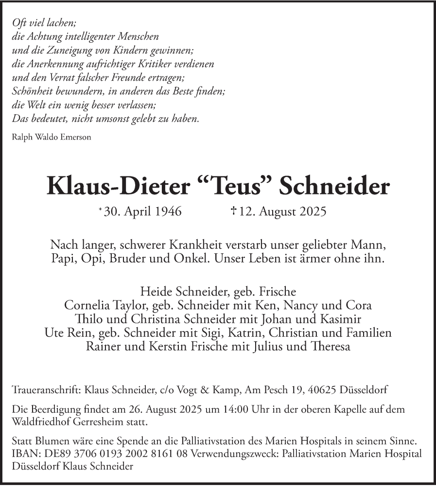  Traueranzeige für Klaus-Dieter Schneider vom 16.08.2025 aus Rheinische Post
