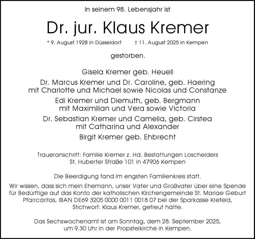  Traueranzeige für Klaus Kremer vom 30.08.2025 aus Rheinische Post