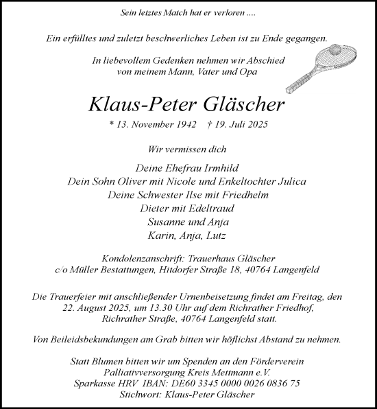Traueranzeige von Klaus-Peter Gläscher von Rheinische Post