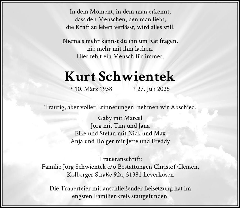  Traueranzeige für Kurt Schwientek vom 23.08.2025 aus Rheinische Post