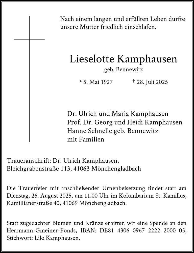  Traueranzeige für Lieselotte Kamphausen vom 16.08.2025 aus Rheinische Post