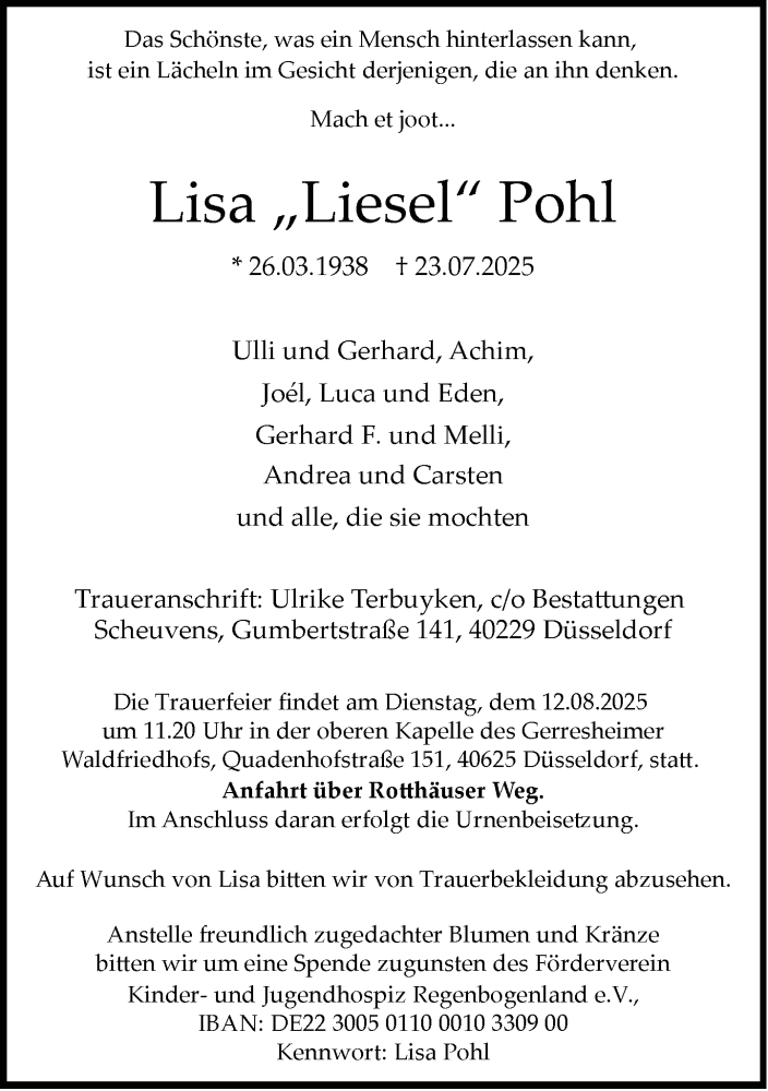  Traueranzeige für Lisa Pohl vom 02.08.2025 aus Rheinische Post