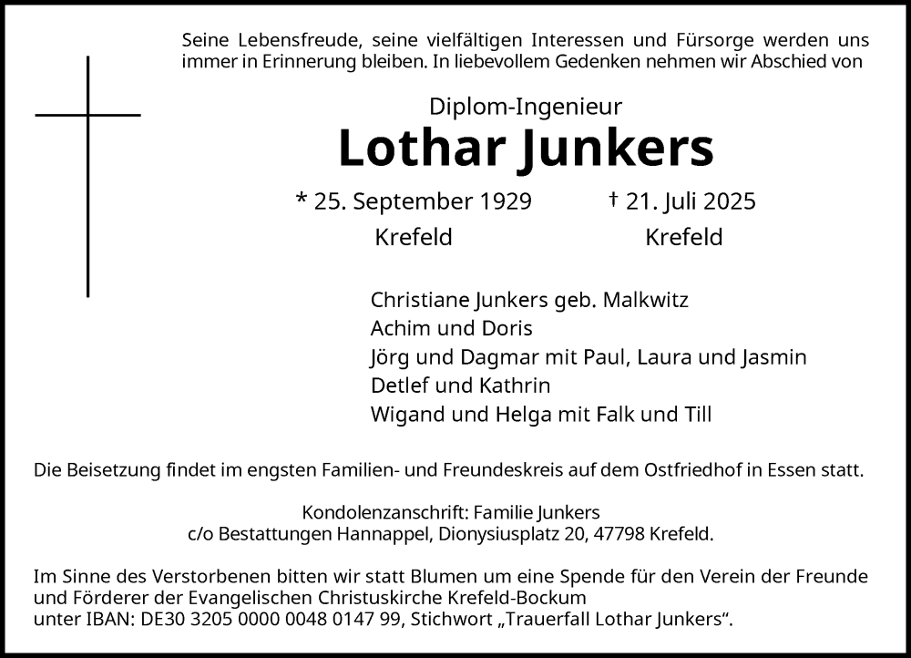  Traueranzeige für Lothar Junkers vom 02.08.2025 aus Rheinische Post
