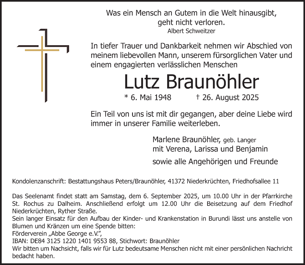  Traueranzeige für Lutz Braunöhler vom 30.08.2025 aus Rheinische Post