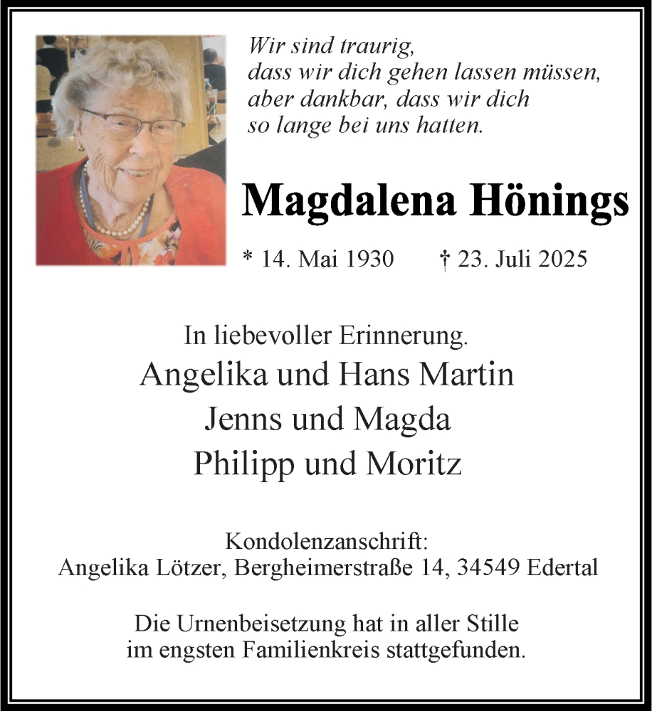  Traueranzeige für Magdalena Hönings vom 16.08.2025 aus Rheinische Post