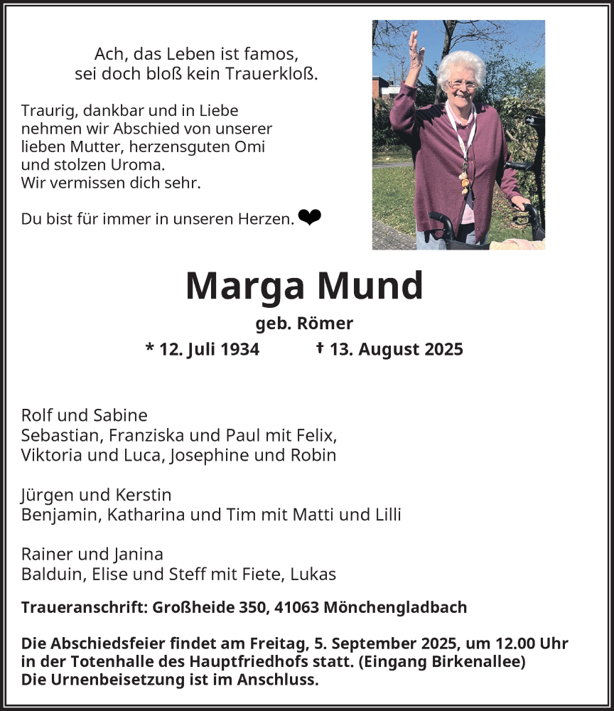  Traueranzeige für Marga Mund vom 23.08.2025 aus Rheinische Post