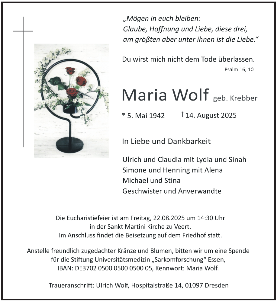  Traueranzeige für Maria Wolf vom 18.08.2025 aus Rheinische Post