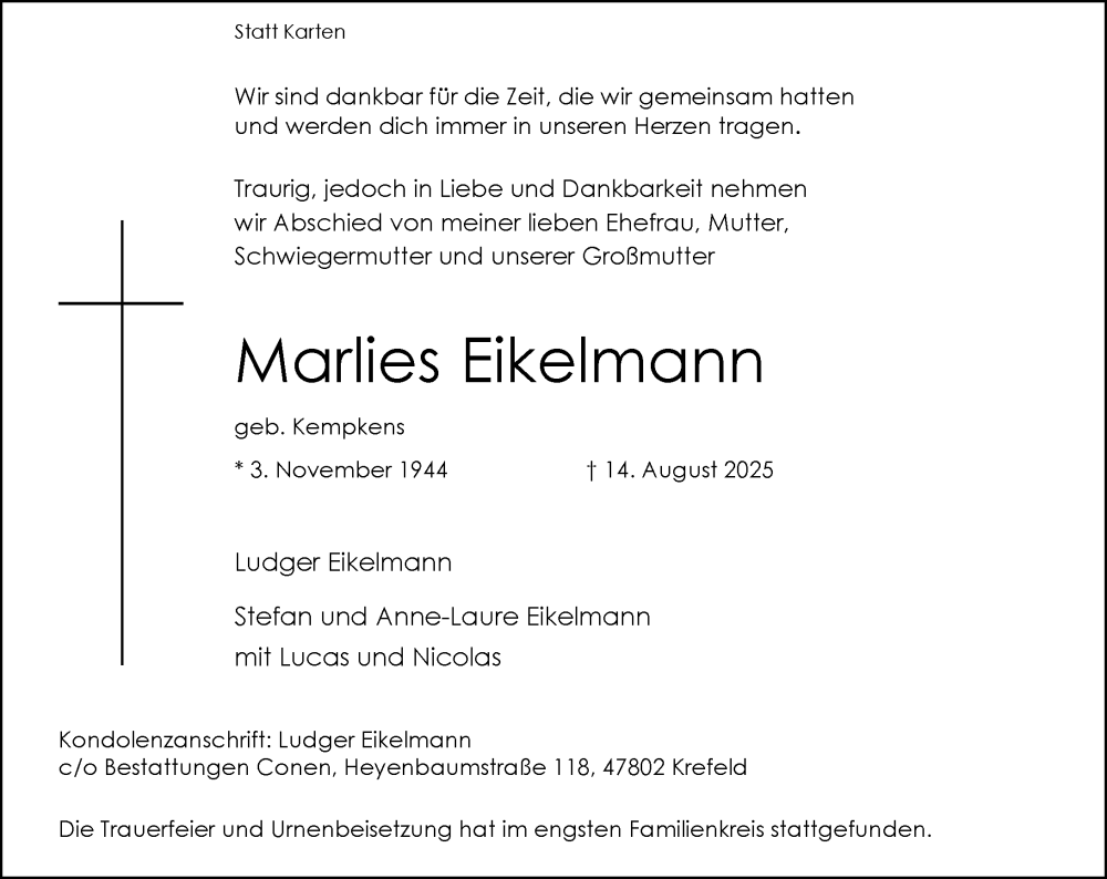  Traueranzeige für Marlies Eikelmann vom 30.08.2025 aus Rheinische Post