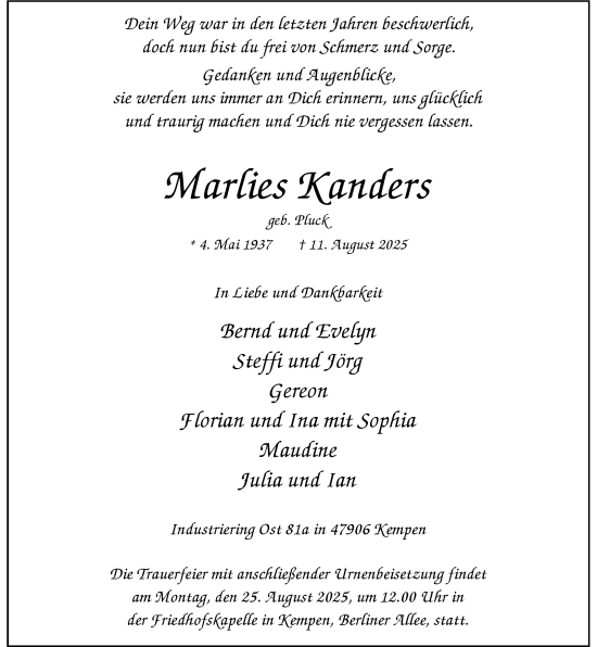 Traueranzeige von Marlies Kanders von Rheinische Post