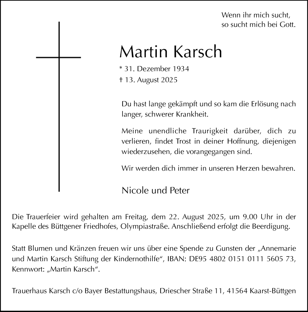  Traueranzeige für Martin Karsch vom 16.08.2025 aus Rheinische Post