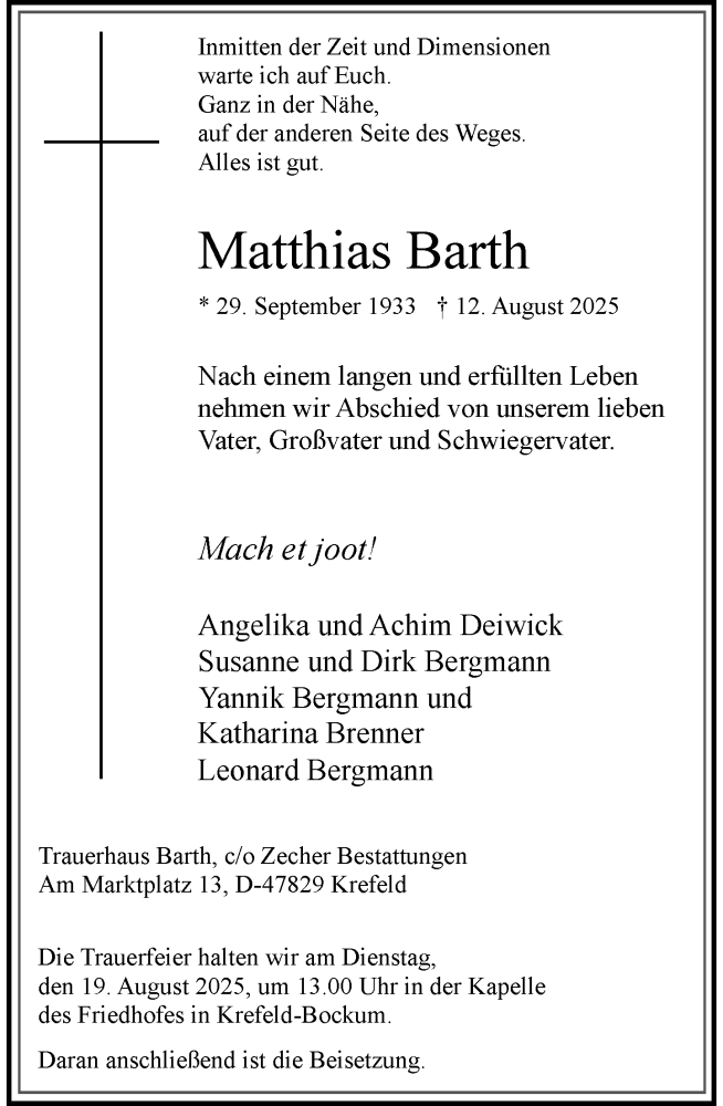  Traueranzeige für Matthias Barth vom 16.08.2025 aus Rheinische Post