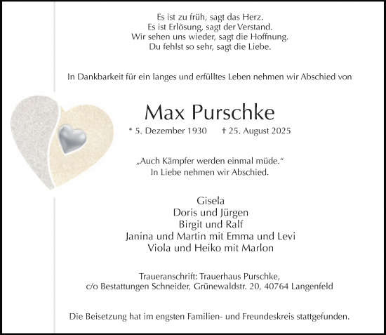 Traueranzeige von Max Purschke von Rheinische Post