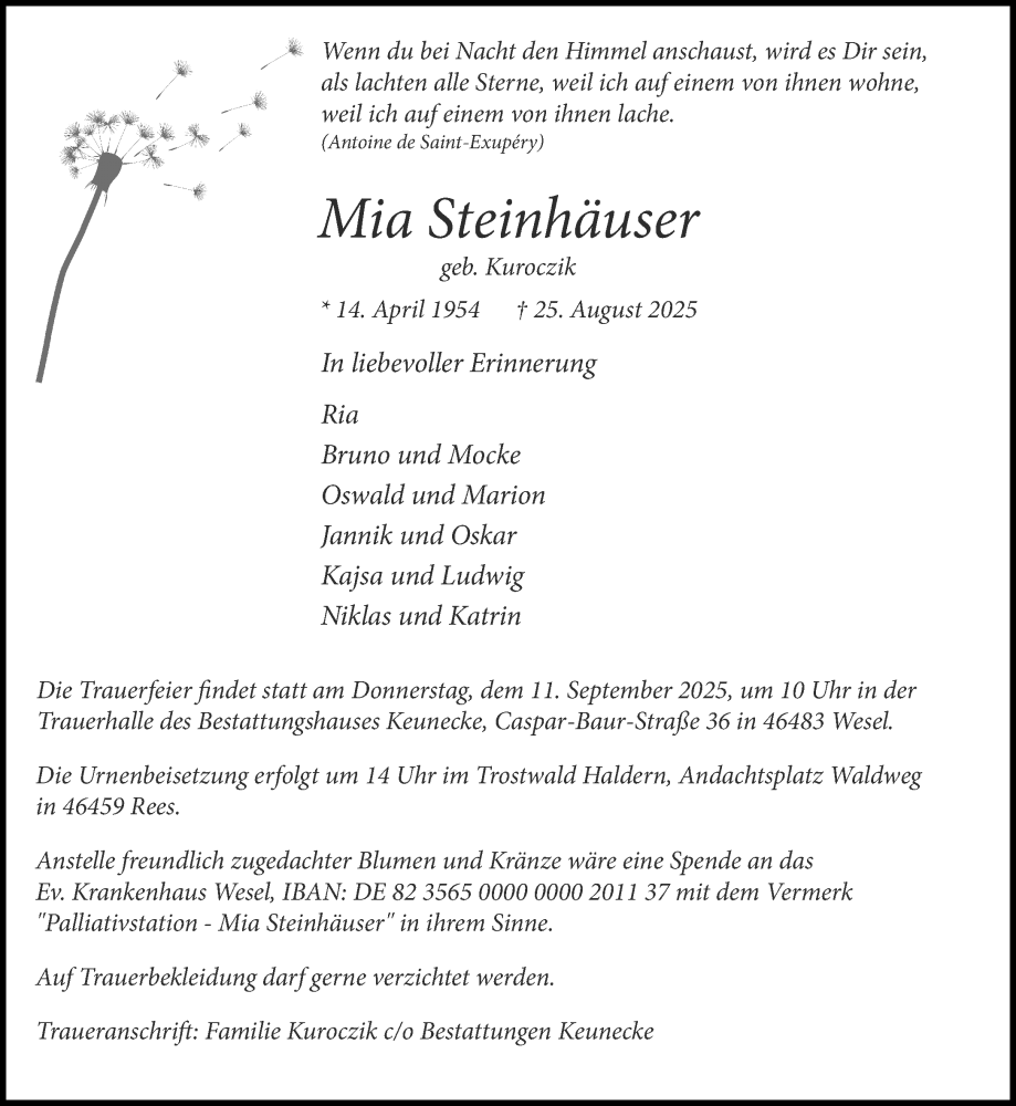  Traueranzeige für Mia Steinhäuser vom 30.08.2025 aus Rheinische Post