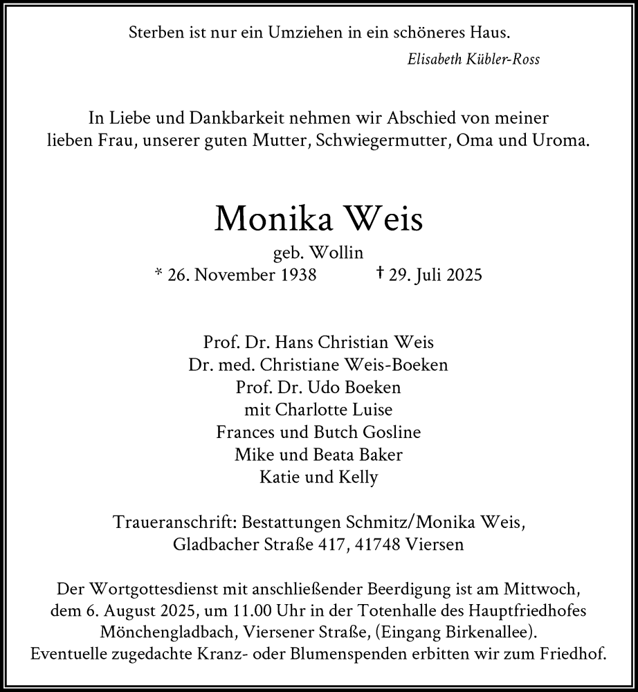  Traueranzeige für Monika Weis vom 02.08.2025 aus Rheinische Post