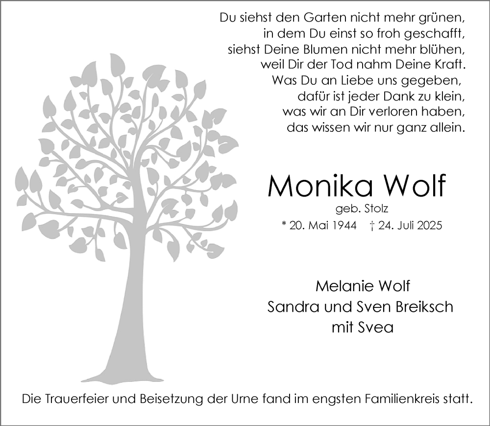  Traueranzeige für Monika Wolf vom 23.08.2025 aus Rheinische Post