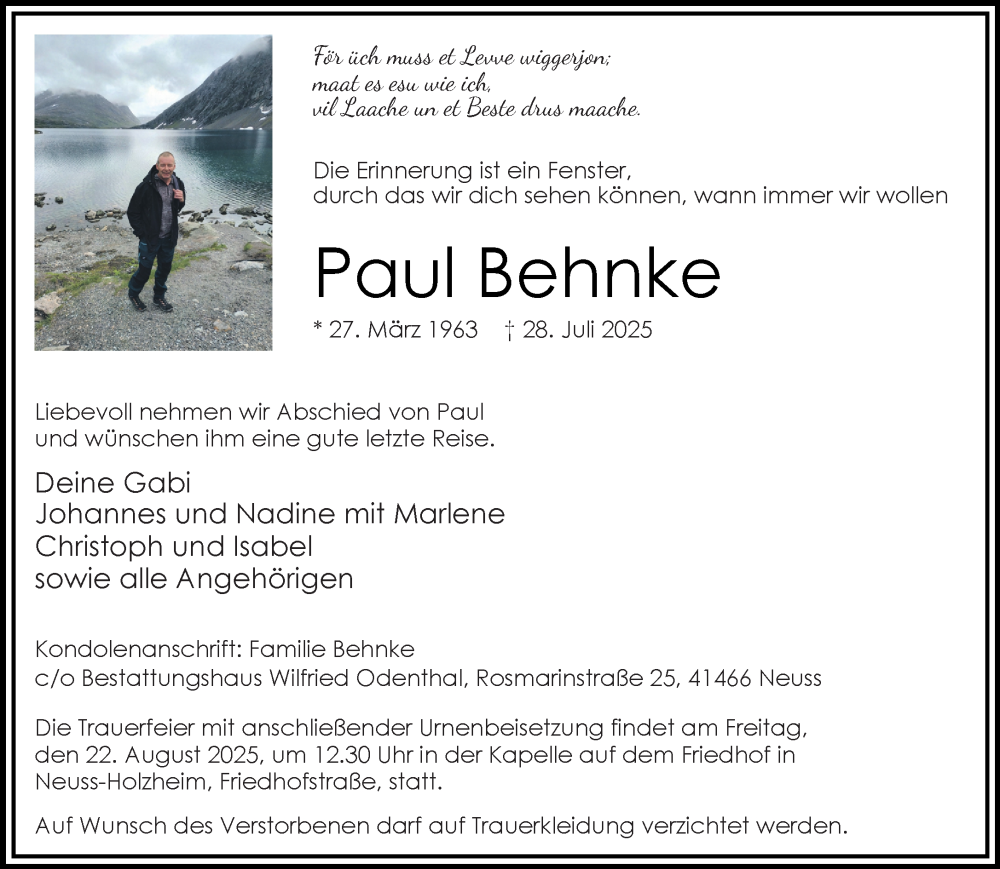  Traueranzeige für Paul Behnke vom 16.08.2025 aus Rheinische Post