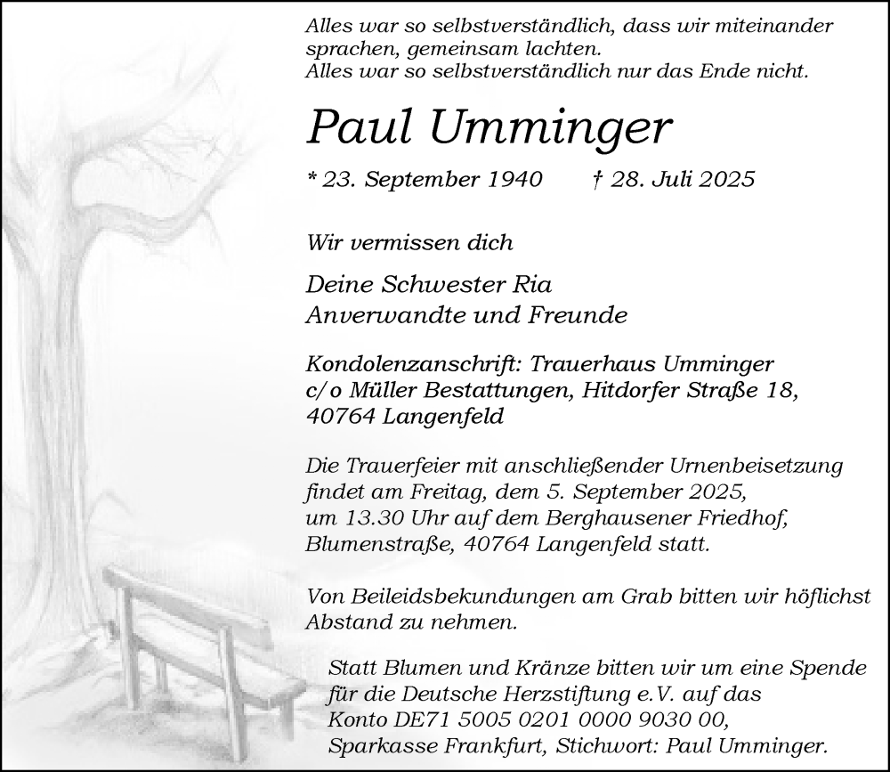  Traueranzeige für Paul Umminger vom 23.08.2025 aus Rheinische Post