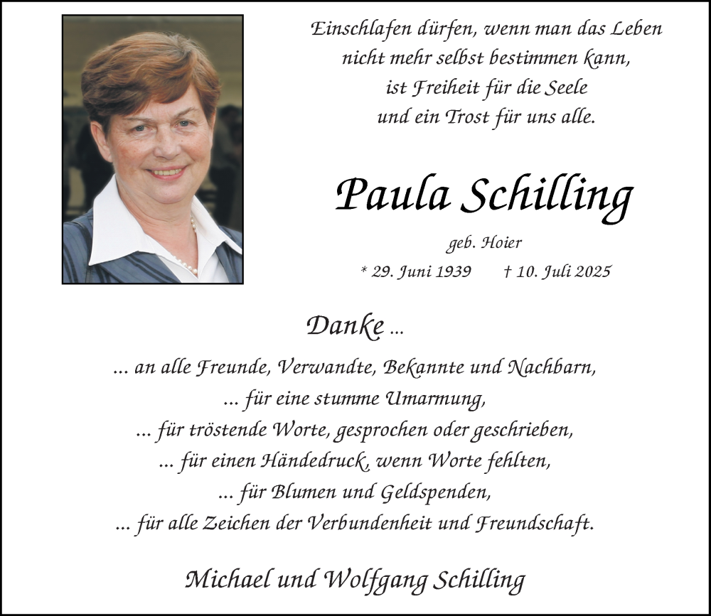  Traueranzeige für Paula Schilling vom 23.08.2025 aus Rheinische Post