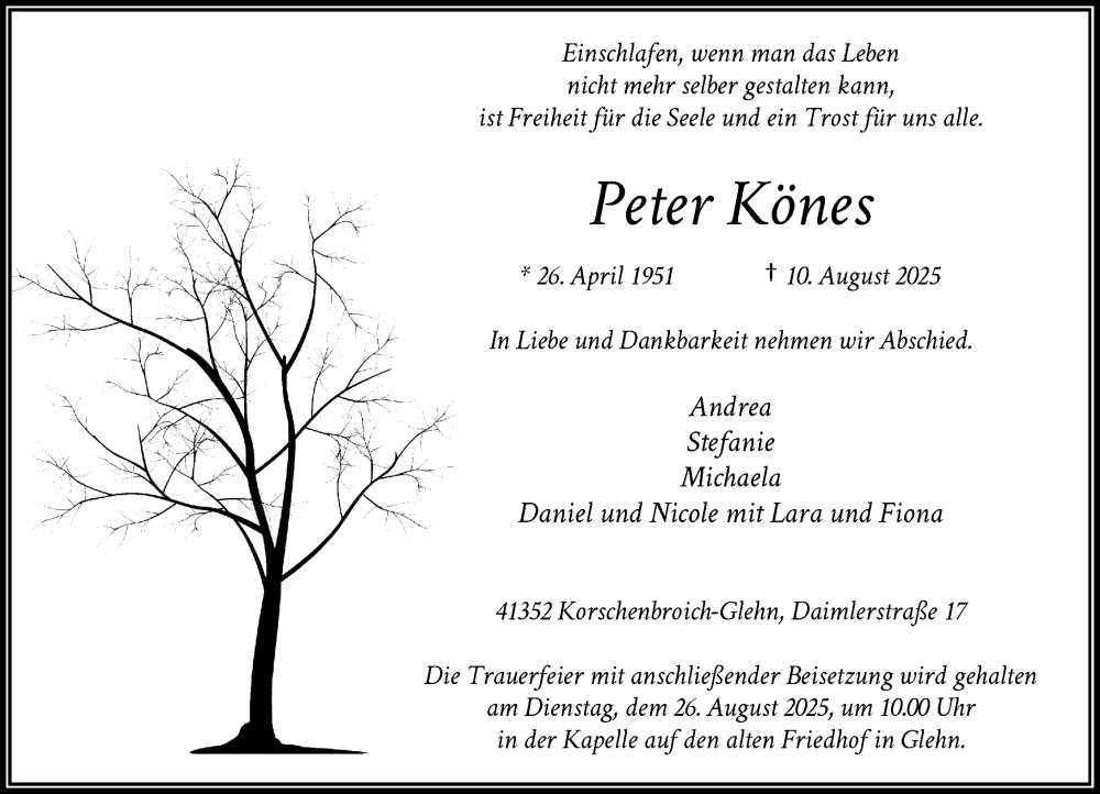  Traueranzeige für Peter Könes vom 16.08.2025 aus Rheinische Post