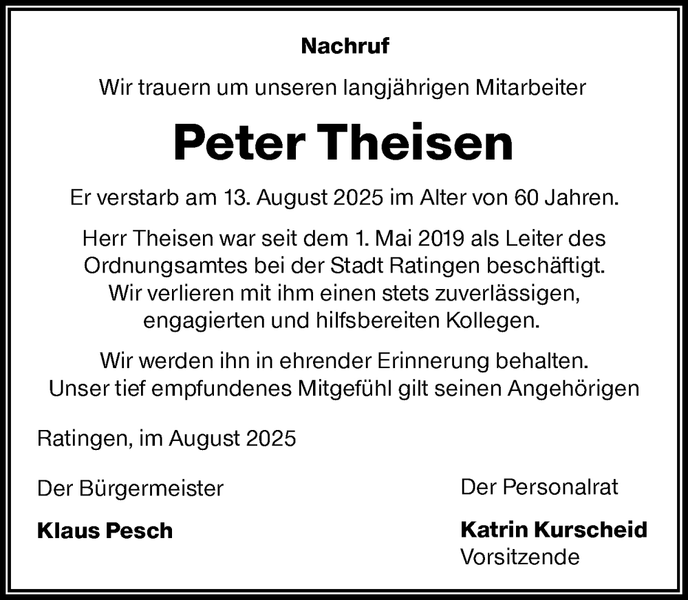  Traueranzeige für Peter Theisen vom 23.08.2025 aus Rheinische Post