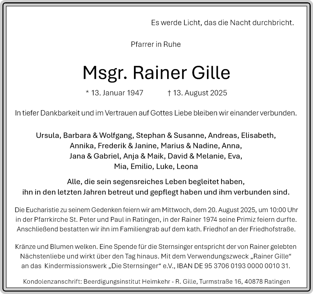  Traueranzeige für Rainer Gille vom 16.08.2025 aus Rheinische Post