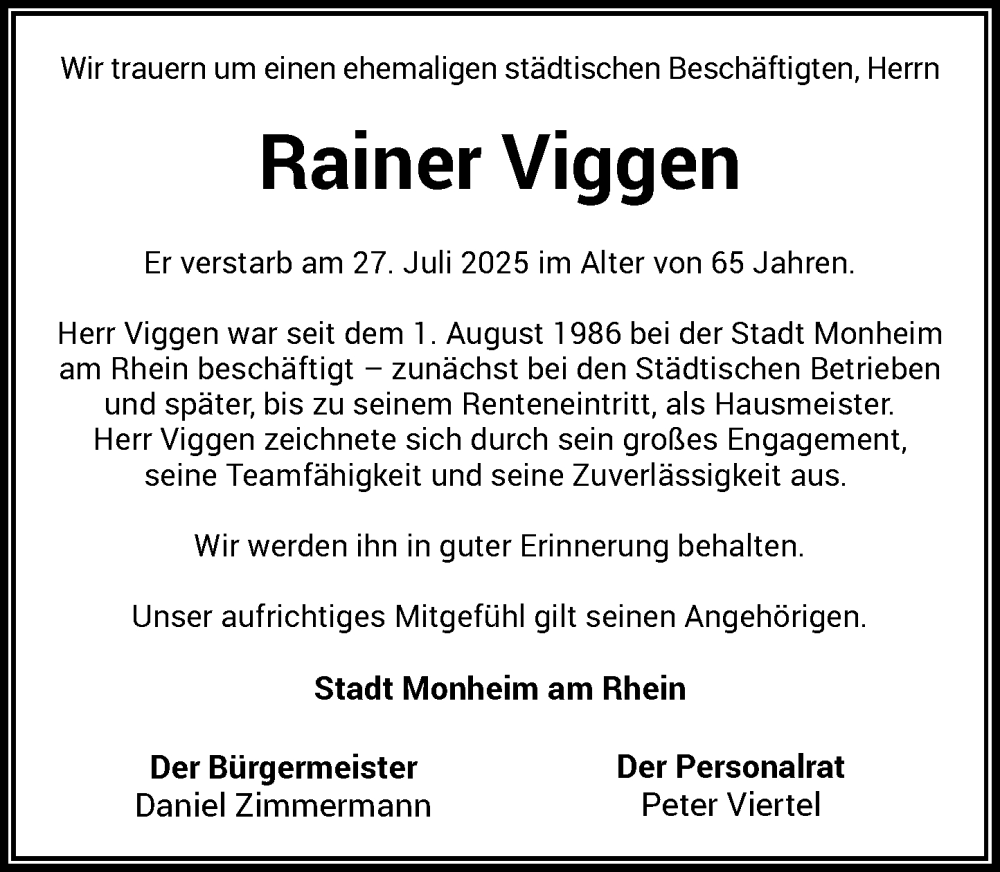  Traueranzeige für Rainer Viggen vom 23.08.2025 aus Rheinische Post