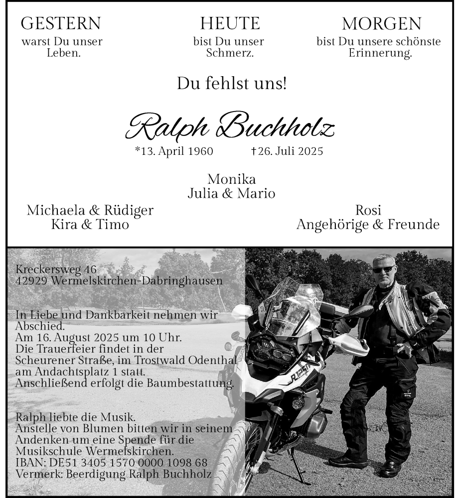 Traueranzeige für Ralph Buchholz vom 09.08.2025 aus Rheinische Post