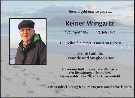 Traueranzeige von Reiner Wingartz von Rheinische Post
