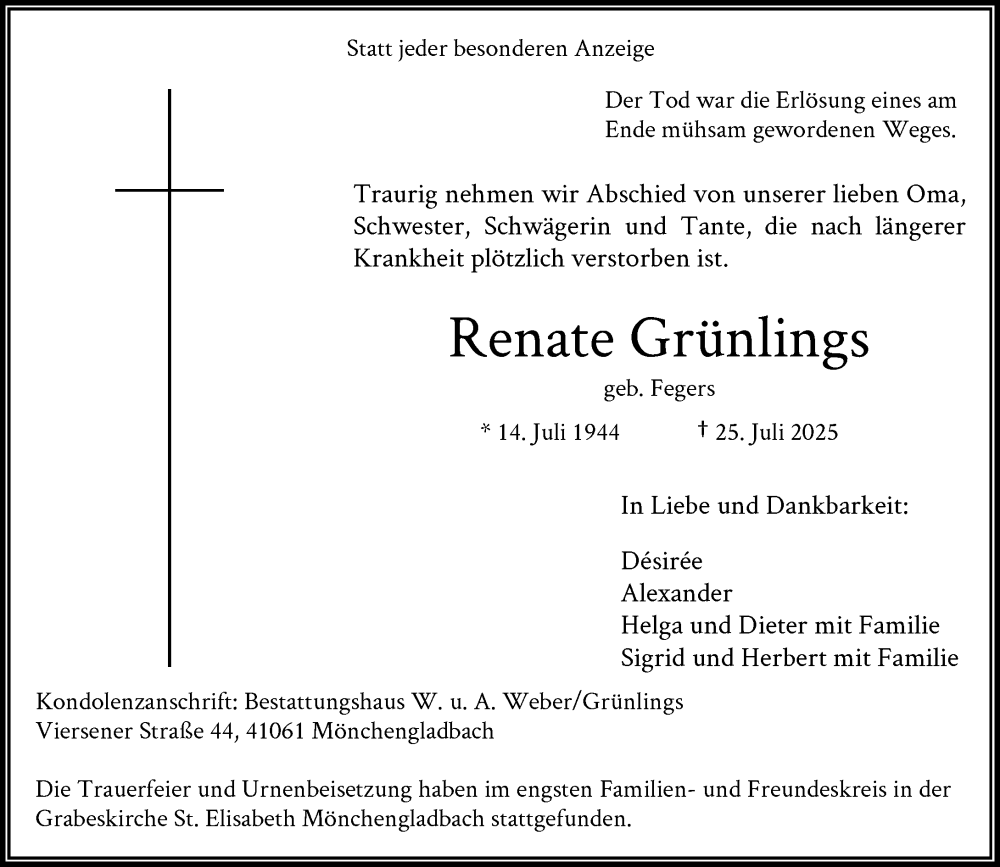  Traueranzeige für Renate Grünlings vom 16.08.2025 aus Rheinische Post