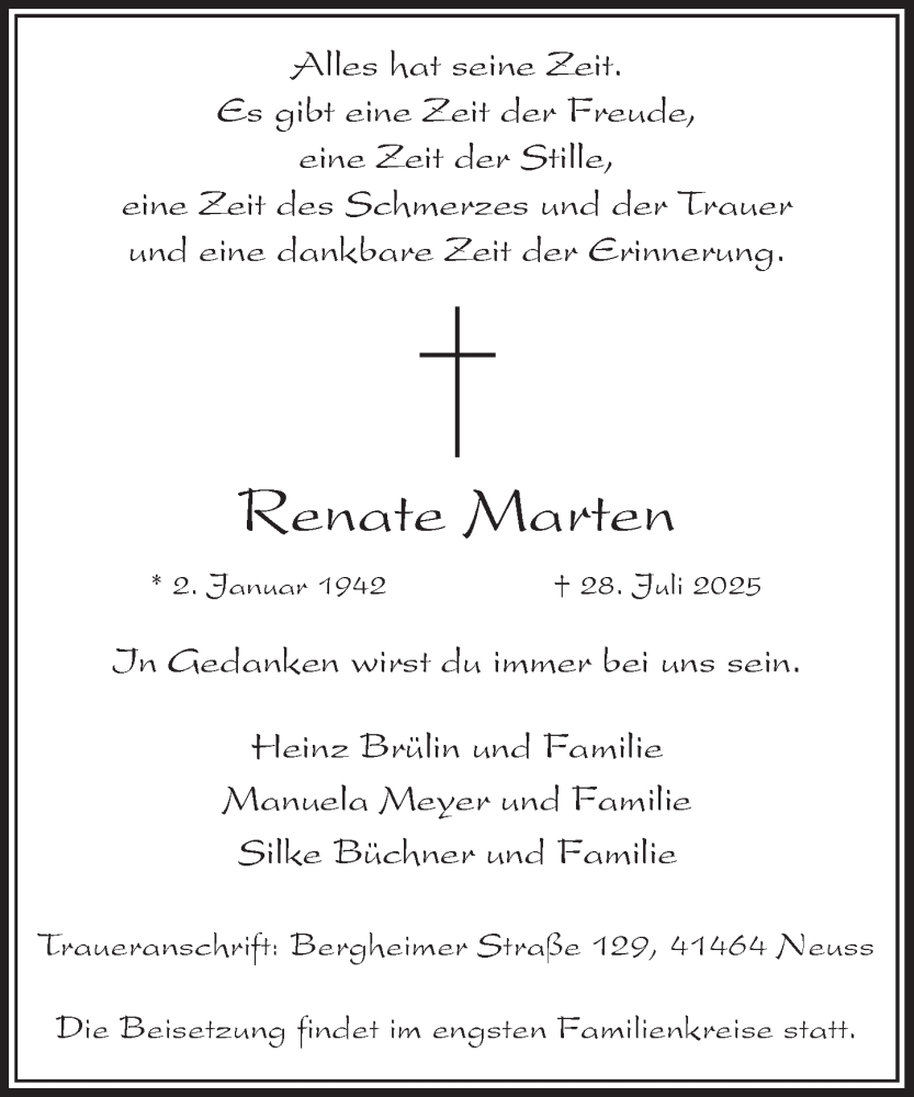  Traueranzeige für Renate Marten vom 02.08.2025 aus Rheinische Post