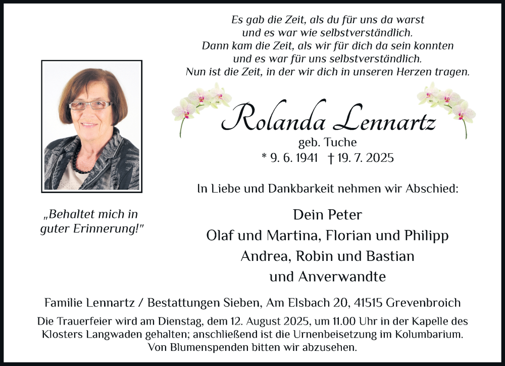  Traueranzeige für Rolanda Lennartz vom 02.08.2025 aus Rheinische Post