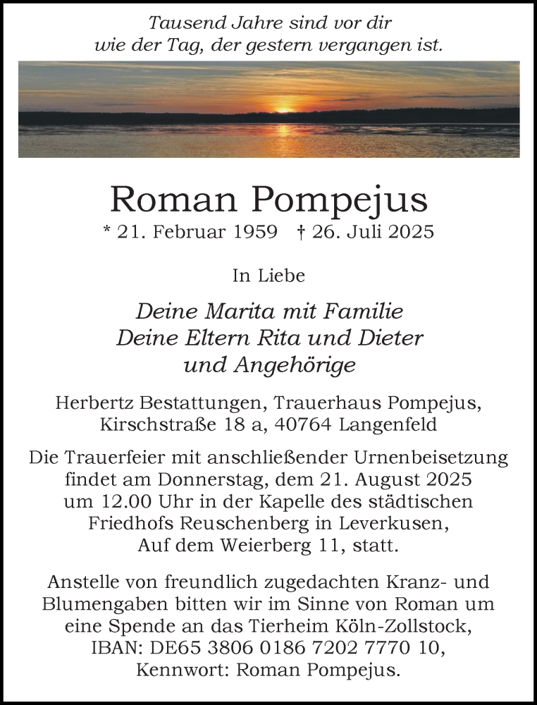  Traueranzeige für Roman Pompejus vom 09.08.2025 aus Rheinische Post
