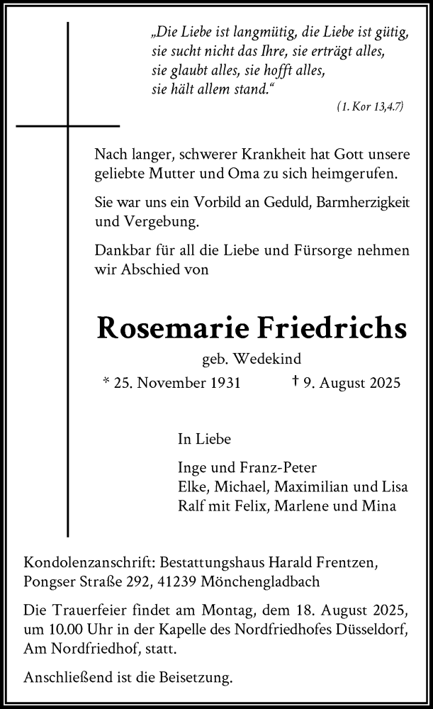  Traueranzeige für Rosemarie Friedrichs vom 16.08.2025 aus Rheinische Post