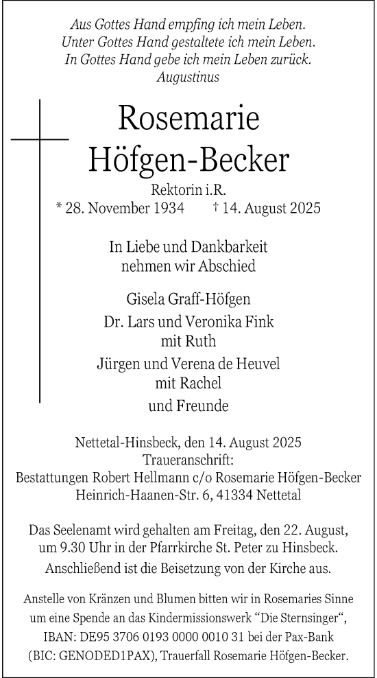 Traueranzeige von Rosemarie Hofgen-Becker von Rheinische Post