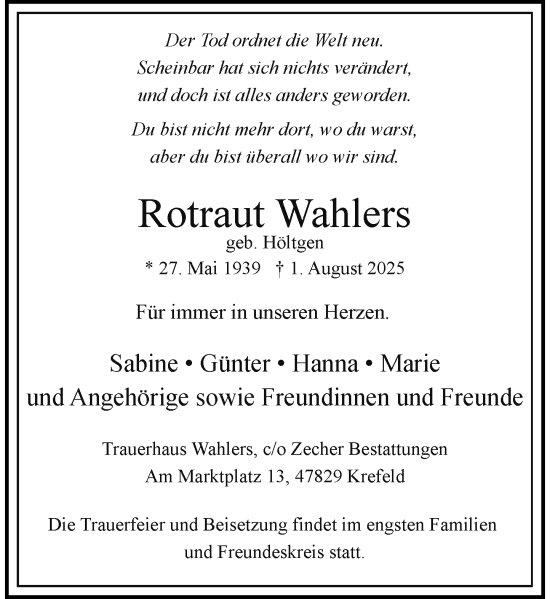 Traueranzeige von Rotraut Wahlers von Rheinische Post