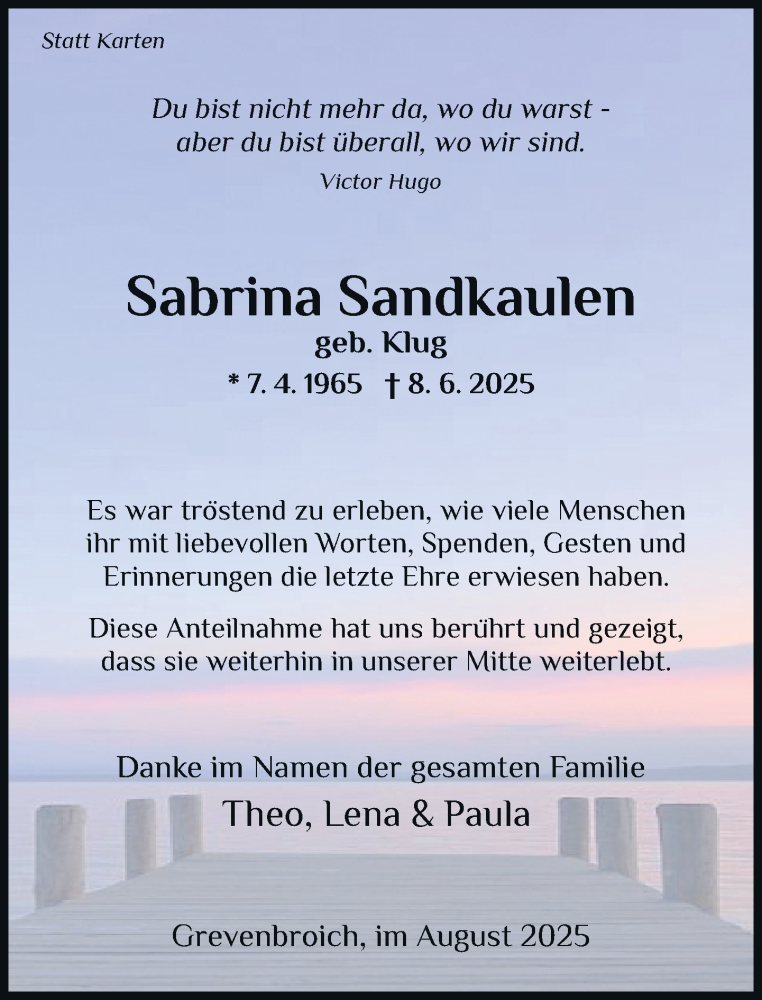  Traueranzeige für Sabrina Sandkaulen vom 09.08.2025 aus Rheinische Post