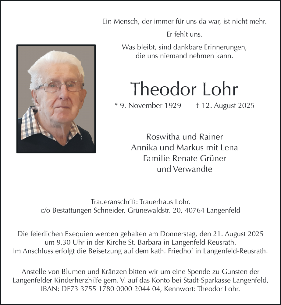  Traueranzeige für Theodor Lohr vom 16.08.2025 aus Rheinische Post