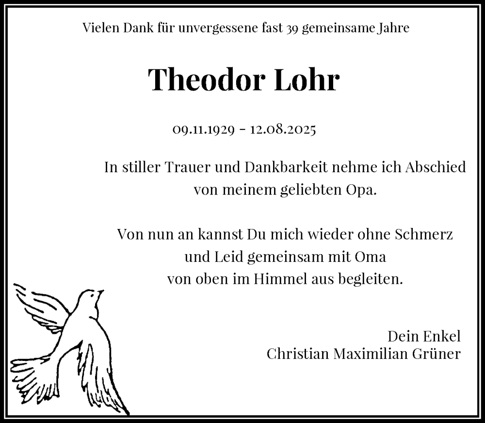  Traueranzeige für Theodor Lohr vom 20.08.2025 aus Rheinische Post