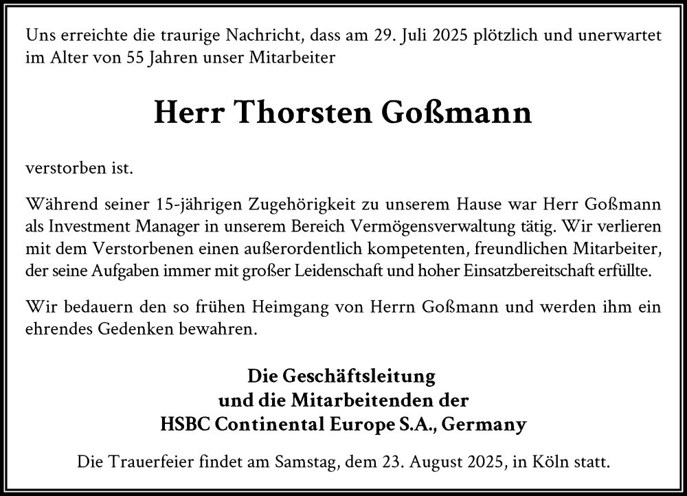  Traueranzeige für Thorsten Goßmann vom 16.08.2025 aus Rheinische Post