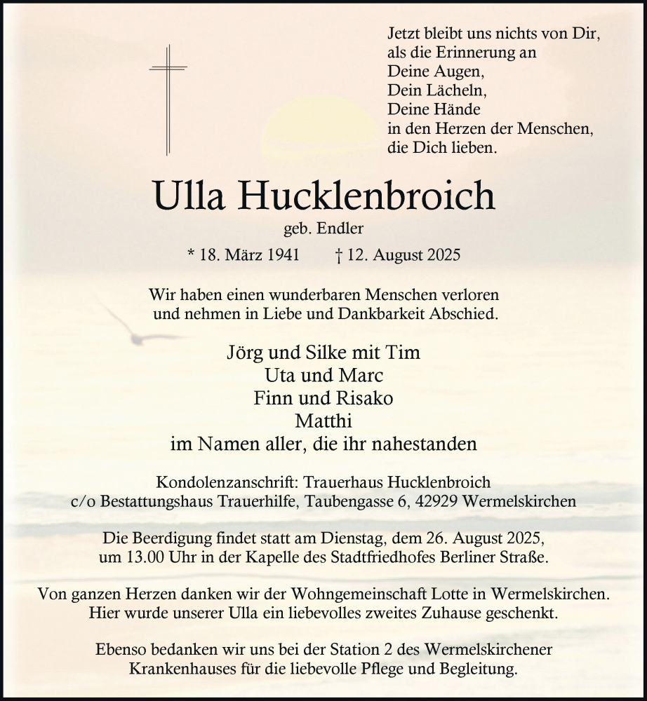  Traueranzeige für Ulla Hucklenbroich vom 16.08.2025 aus Rheinische Post